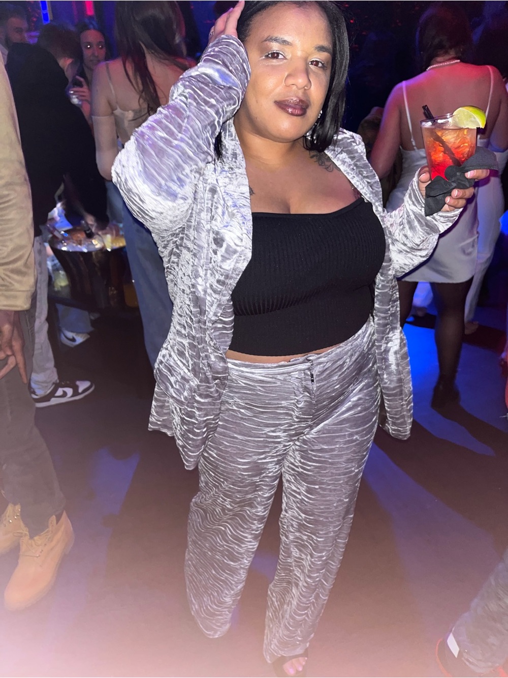 Silver Textured Two-Piece Set with Black Crop Top